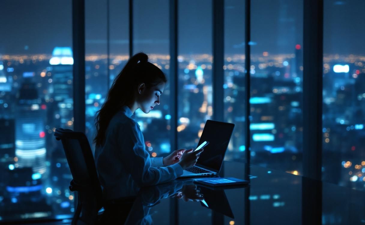 Woman in a dark glass high-rise office at night on her phone