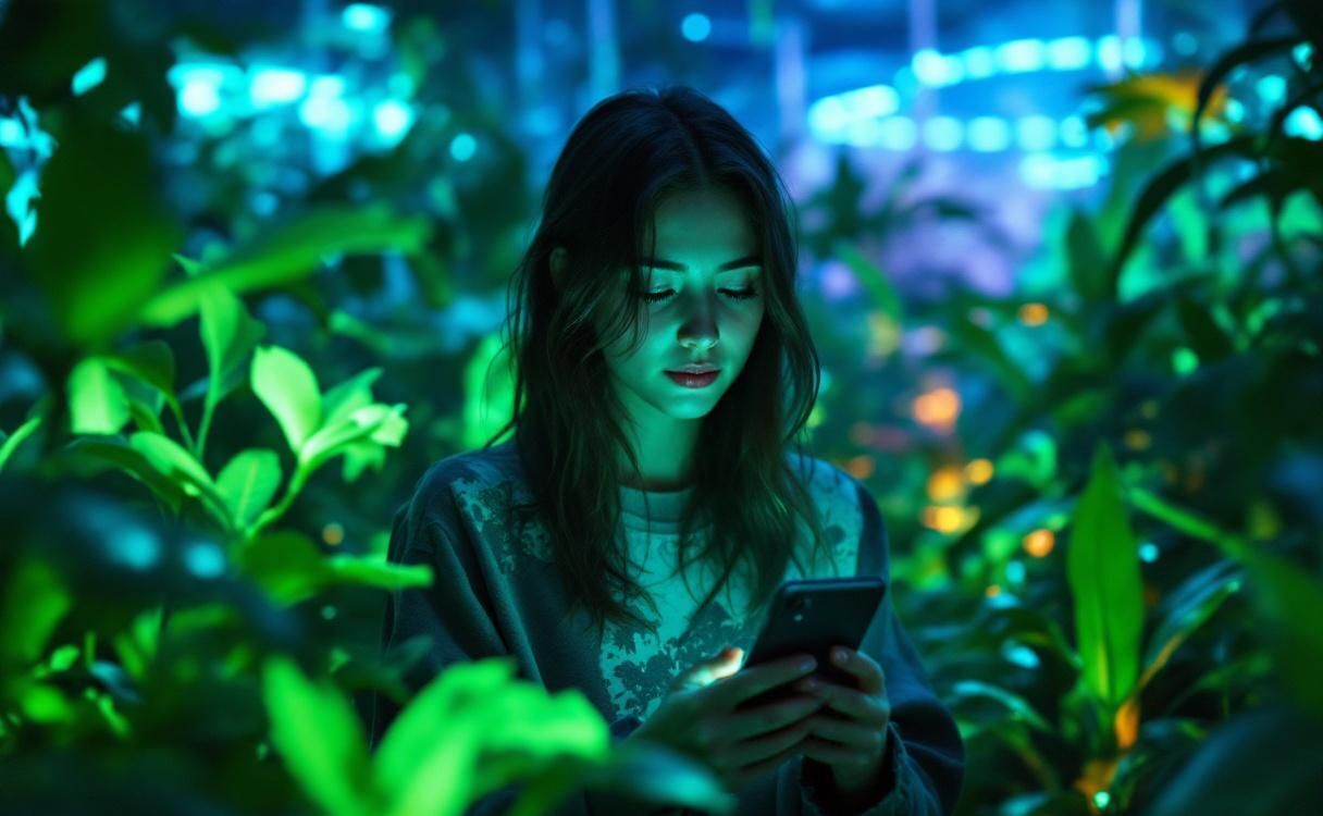 Woman in a bioluminescent greenhouse checking her phone