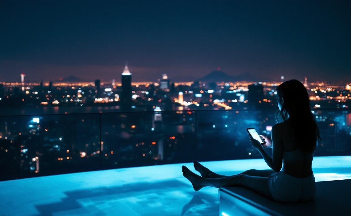 Woman at a dark rooftop infinity pool at night on her phone