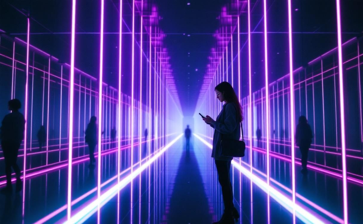 Woman in a hall of mirrors with infinite neon reflections checking phone