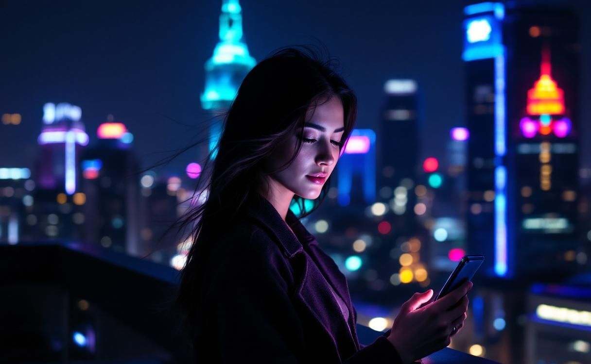 Woman texting on a dark rooftop with neon city glow