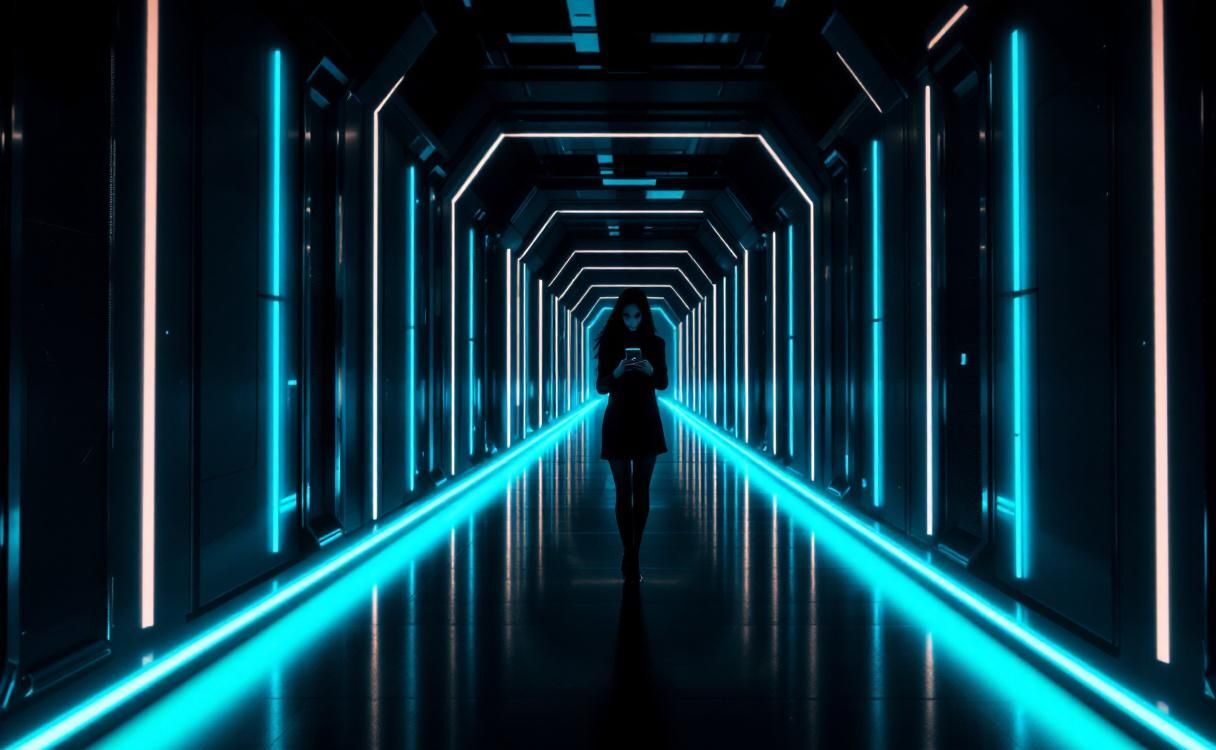 Woman walking through a Tron-style glowing corridor checking her phone