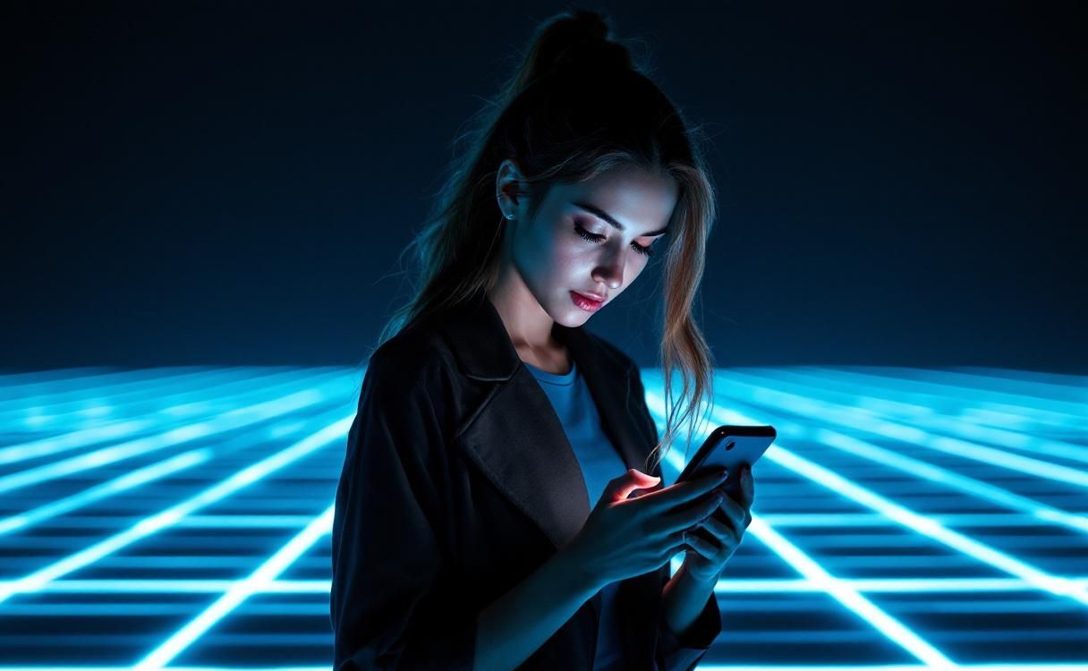 Woman on a glowing Tron-style neon grid looking at her phone