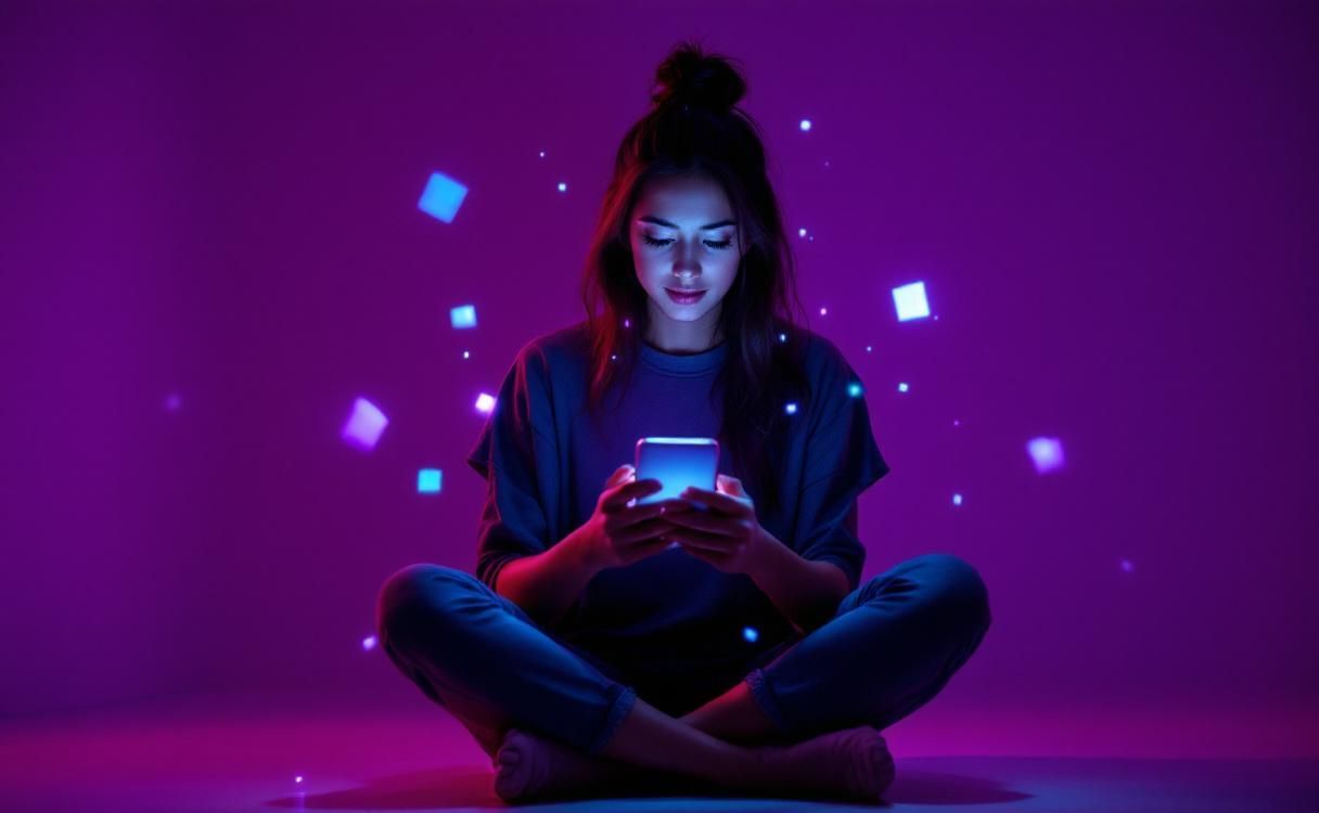 Woman scrolling her phone with holographic light projections around her