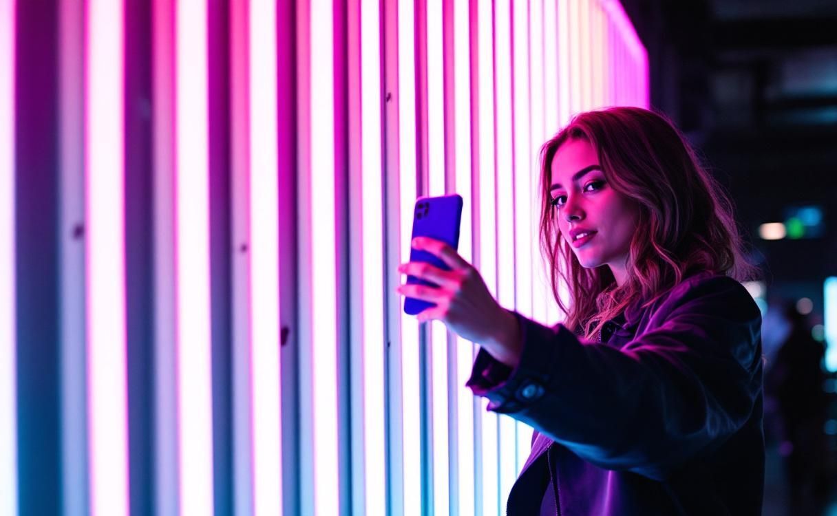 Woman taking a selfie against a neon art wall installation