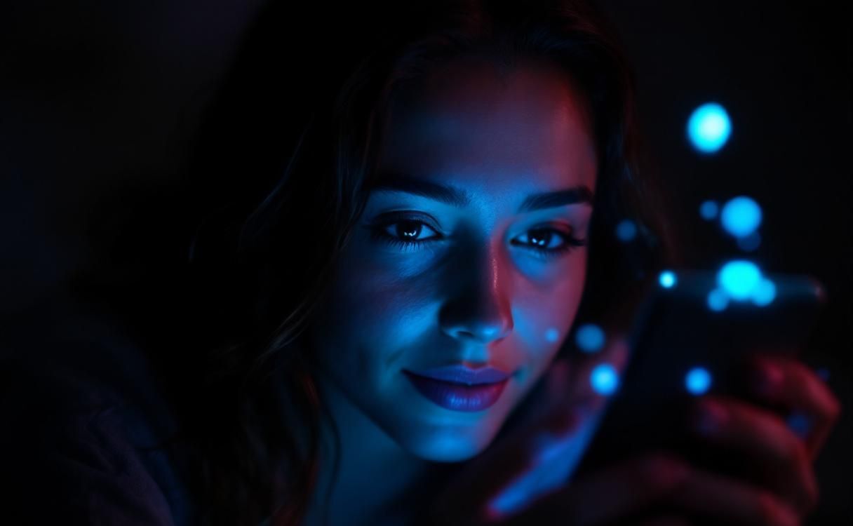 Woman on a video call with holographic elements floating near her phone