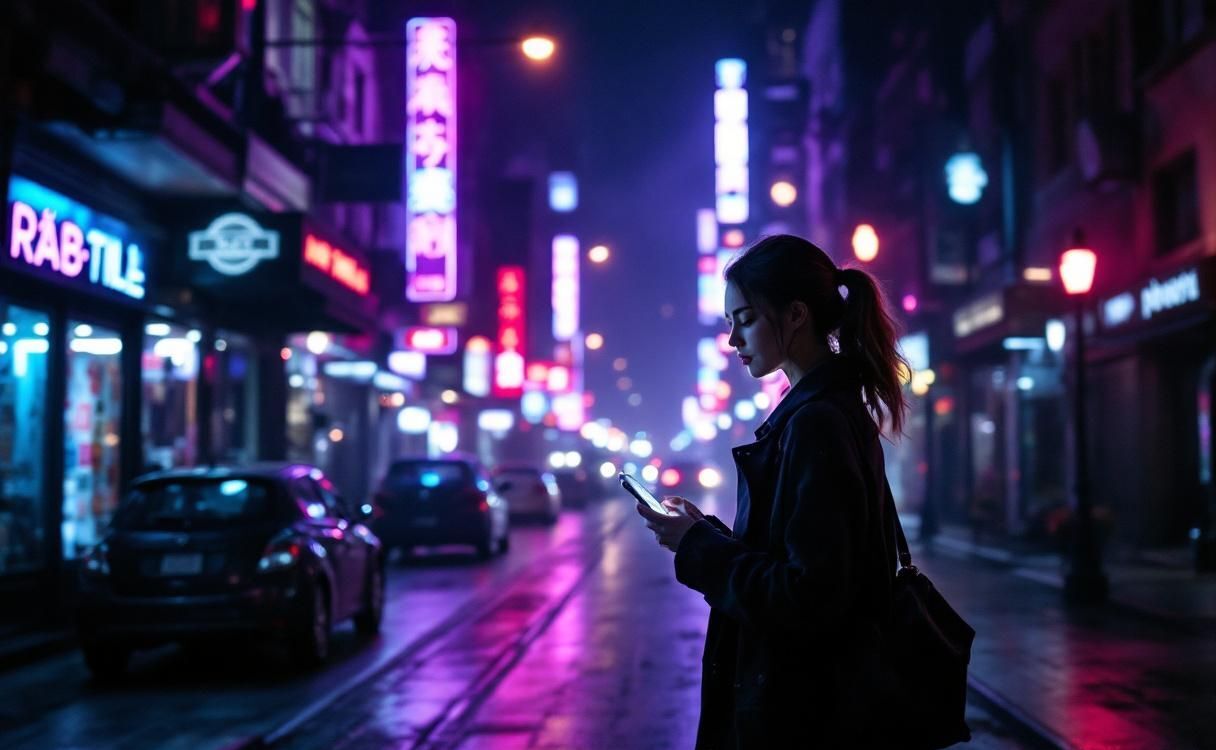 Woman walking down a neon-lit city street at night on her phone