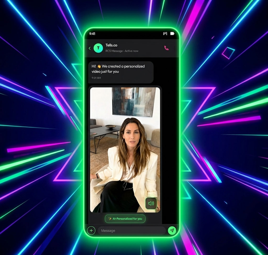AI-generated personalized video messaging for RCS business campaigns with bright neon interface