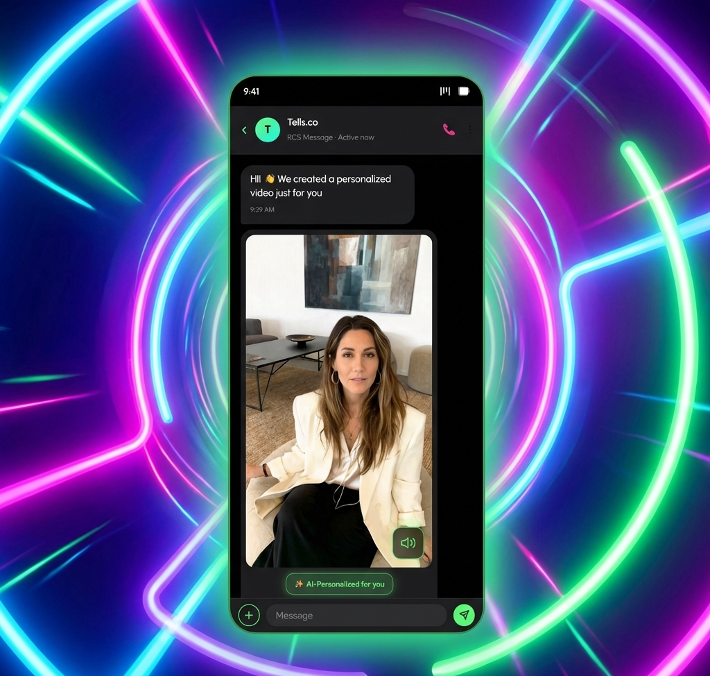 Futuristic AI technology visualization representing automated personalized video SMS generation at scale