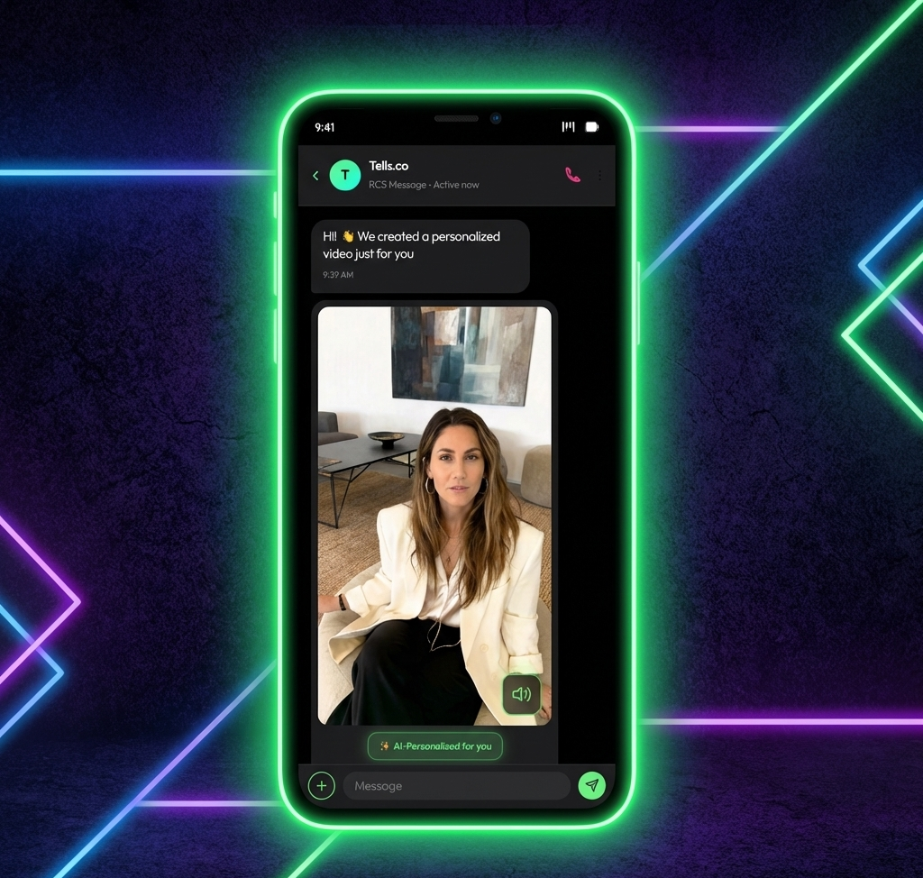 Hand holding smartphone displaying RCS video message with rich interactive business messaging features