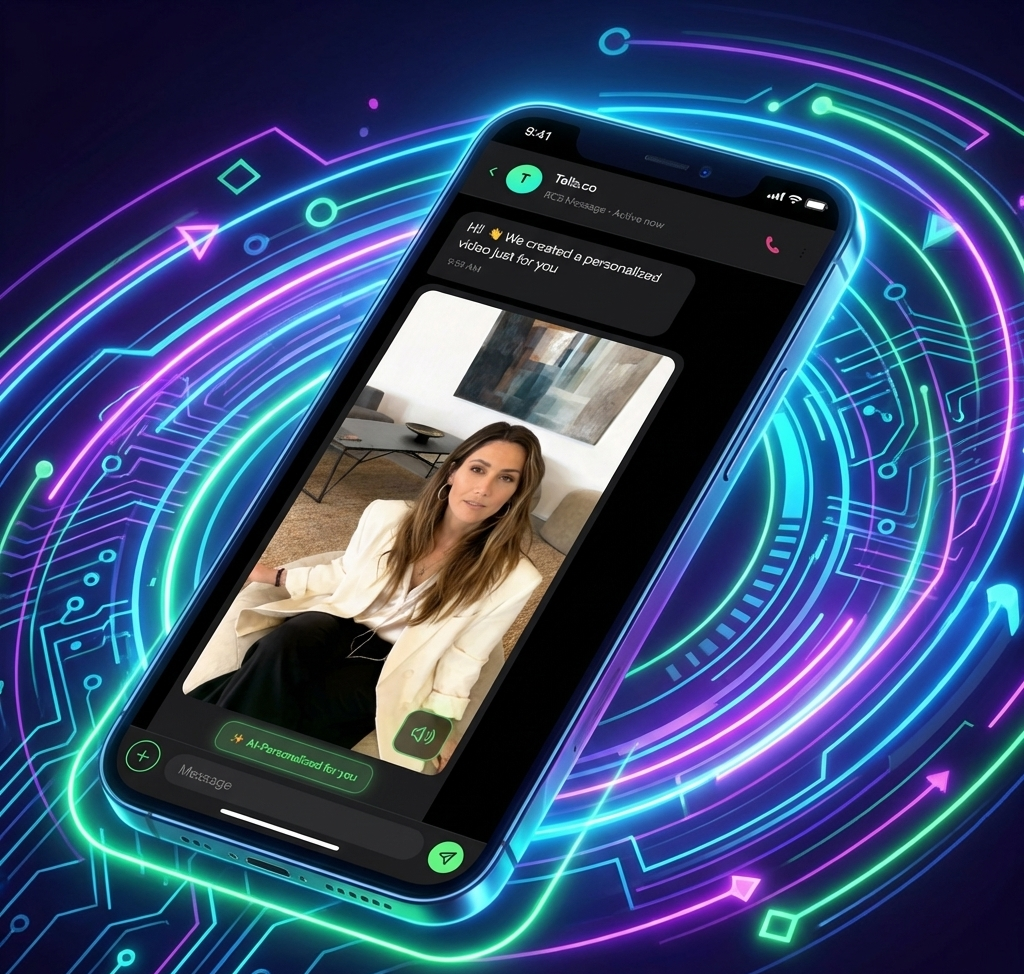 AI-powered personalized video message with neon visual effects representing RCS marketing engagement