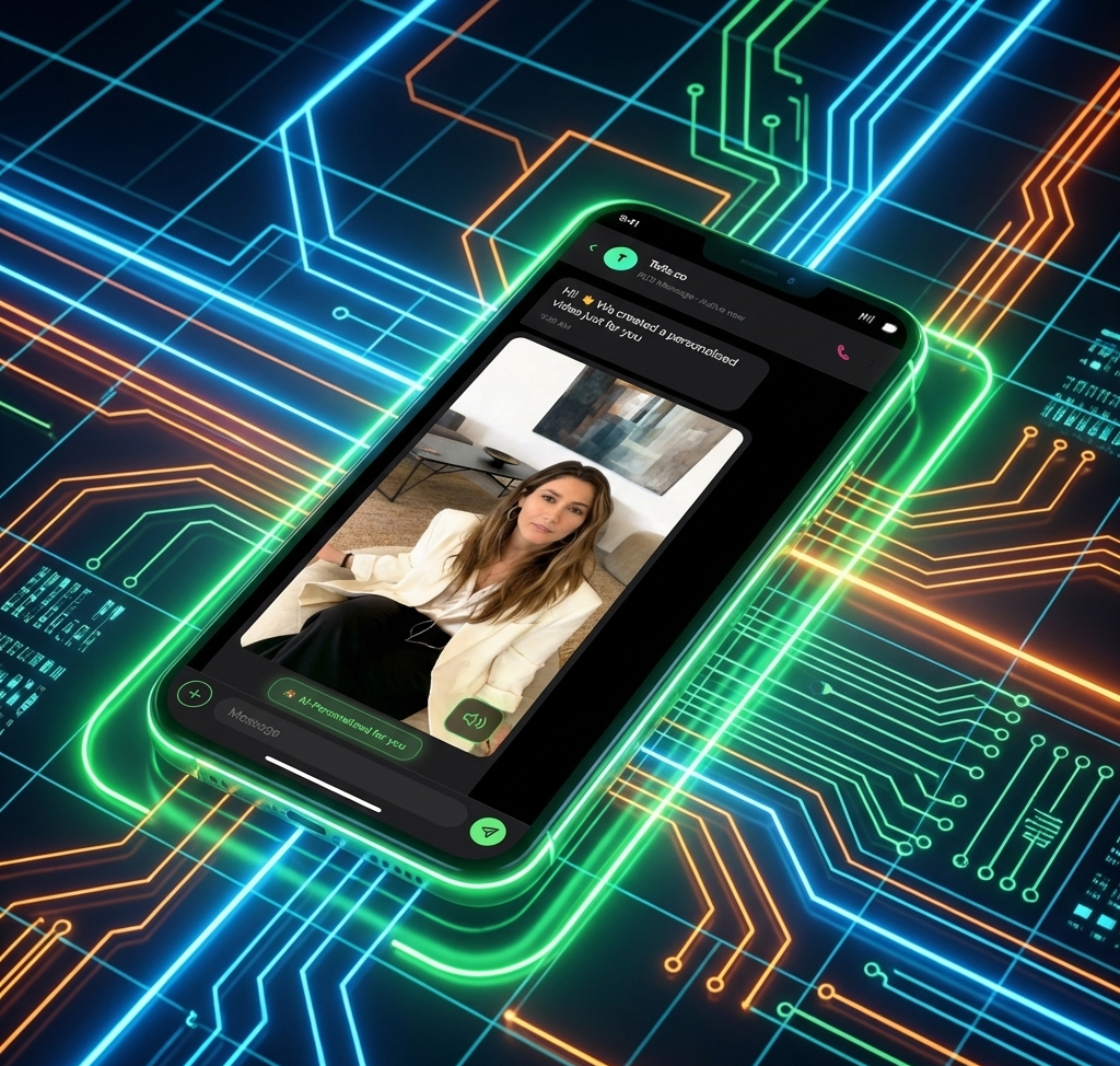 RCS marketing personalized video message displayed on smartphone with neon dashboard visualization