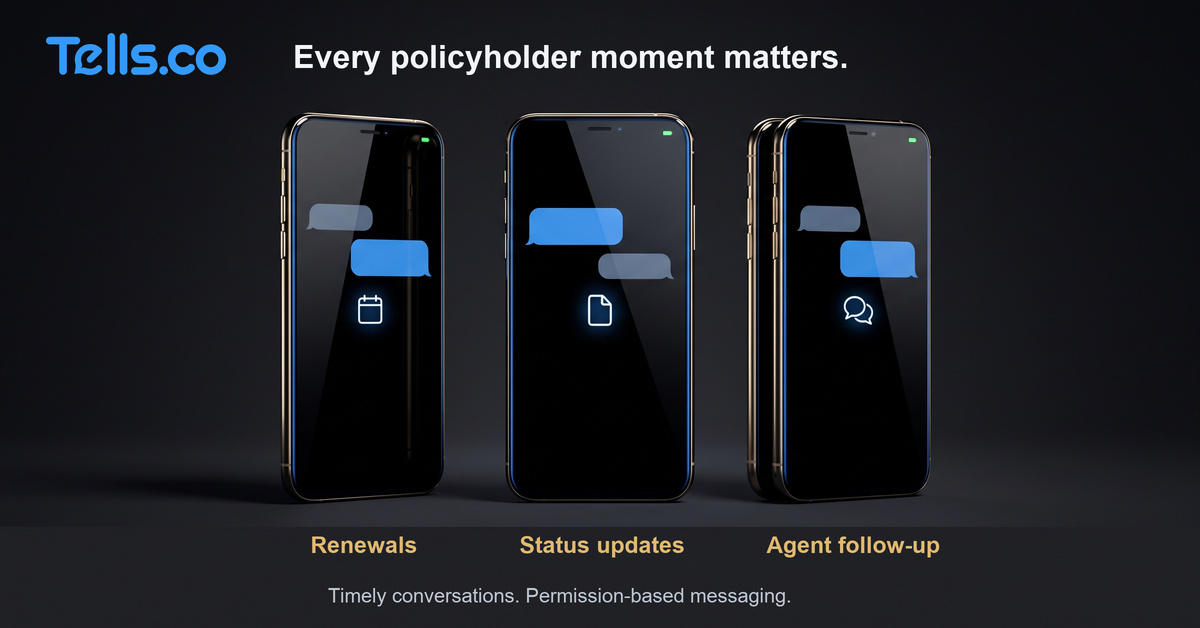 Tells.co insurance SMS concept: renewal reminders, status updates and agent follow-up