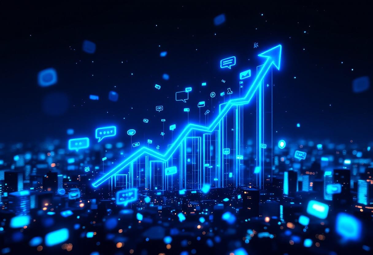Holographic growth chart showing A2P messaging market trajectory to 100 billion dollars