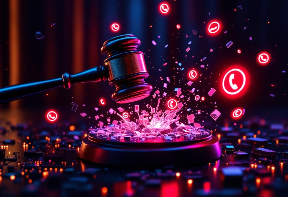 FCC enforcement action against robocalls with digital gavel and blocked call symbols