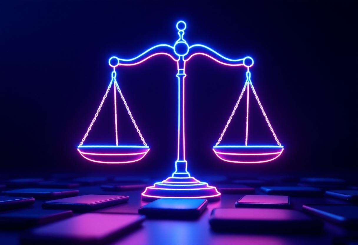 Legal scales of justice in neon wireframe representing TCPA compliance uncertainty